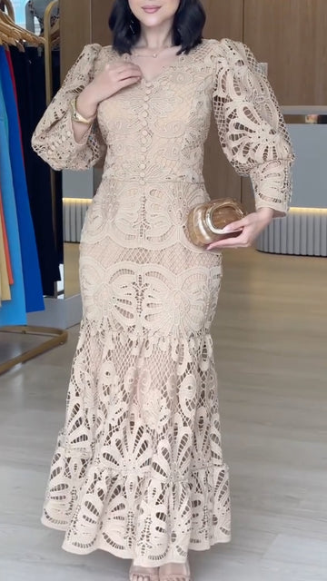 Floral Cutwork Lace Puff Sleeve Midi Dress