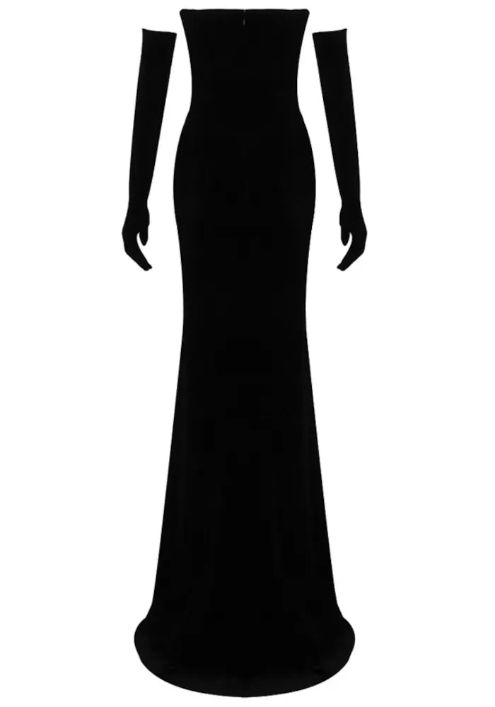 Strapless Crystal Embellished Maxi Velvet Dress Black