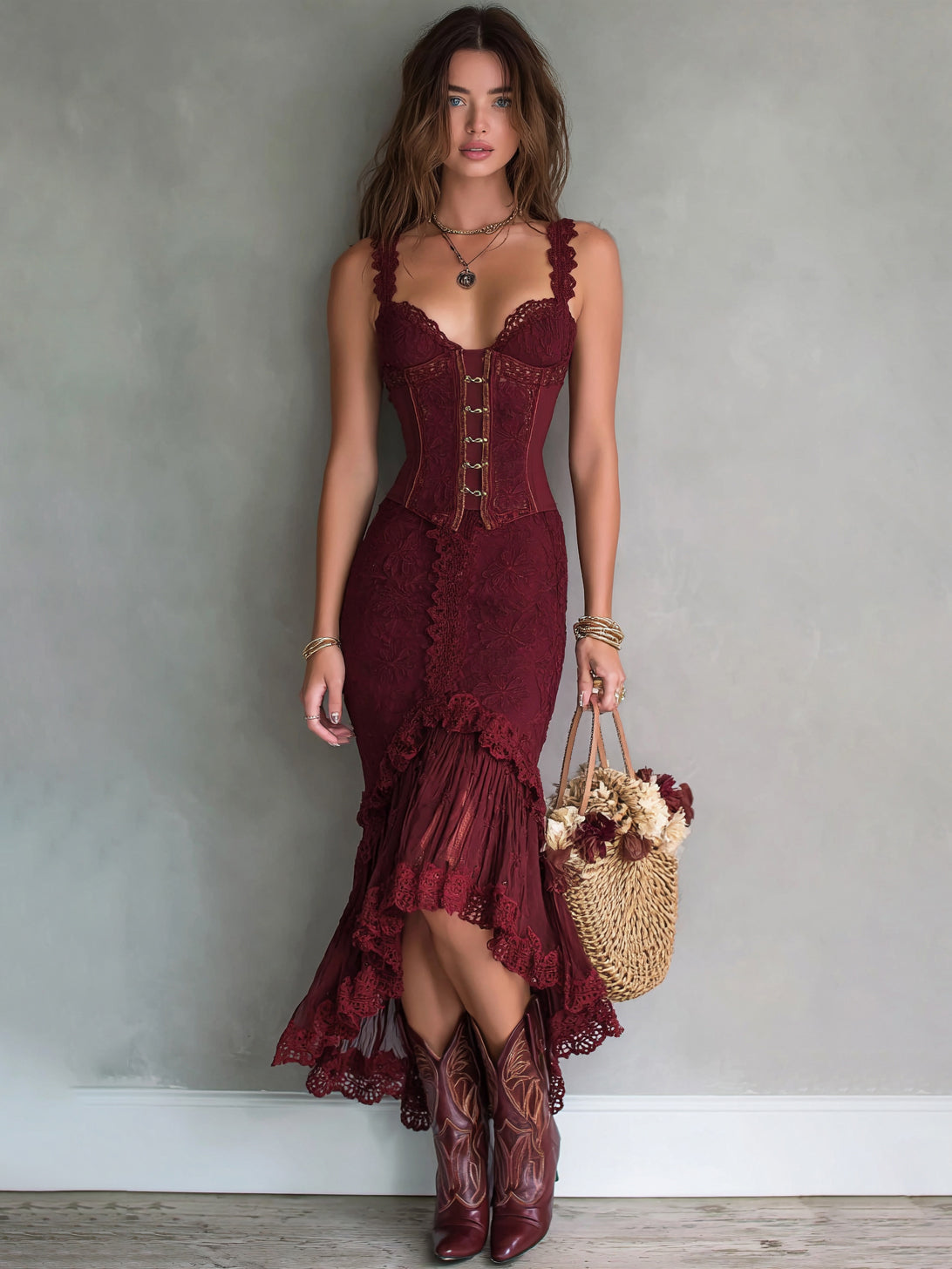 Lace Corset Midi Dress With Ruffled Hem And Front Lace-Up Detail
