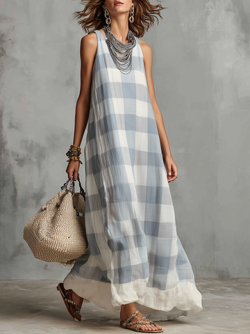 Casual Blue And White Checkered Sleeveless Long Dress