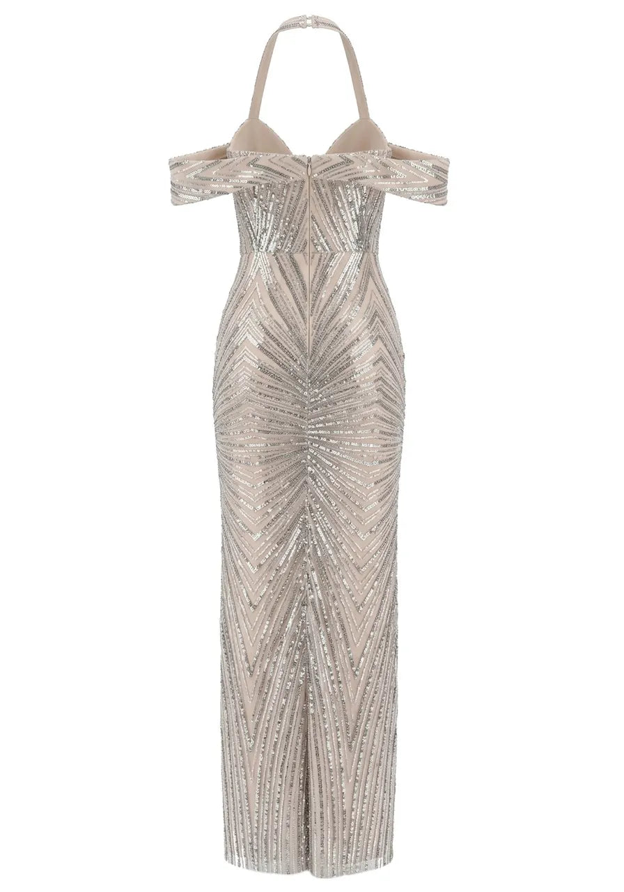 Halter Bardot Sequin Maxi Dress Silver