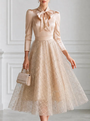 Elegant Bow-Neck Sequin Tulle A-Line Midi Dress