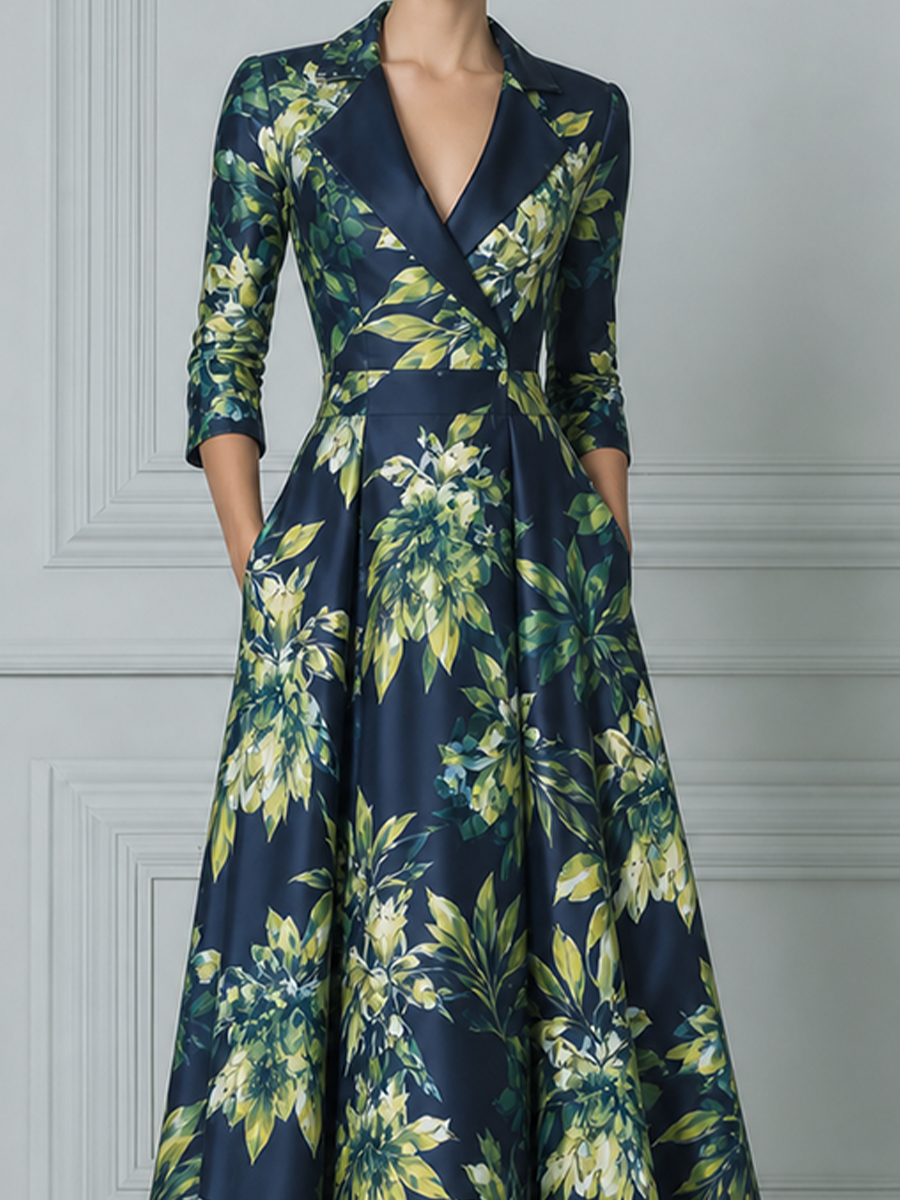 Navy Green Watercolor Floral Print Satin Lapel Fit And Flare Midi Dress