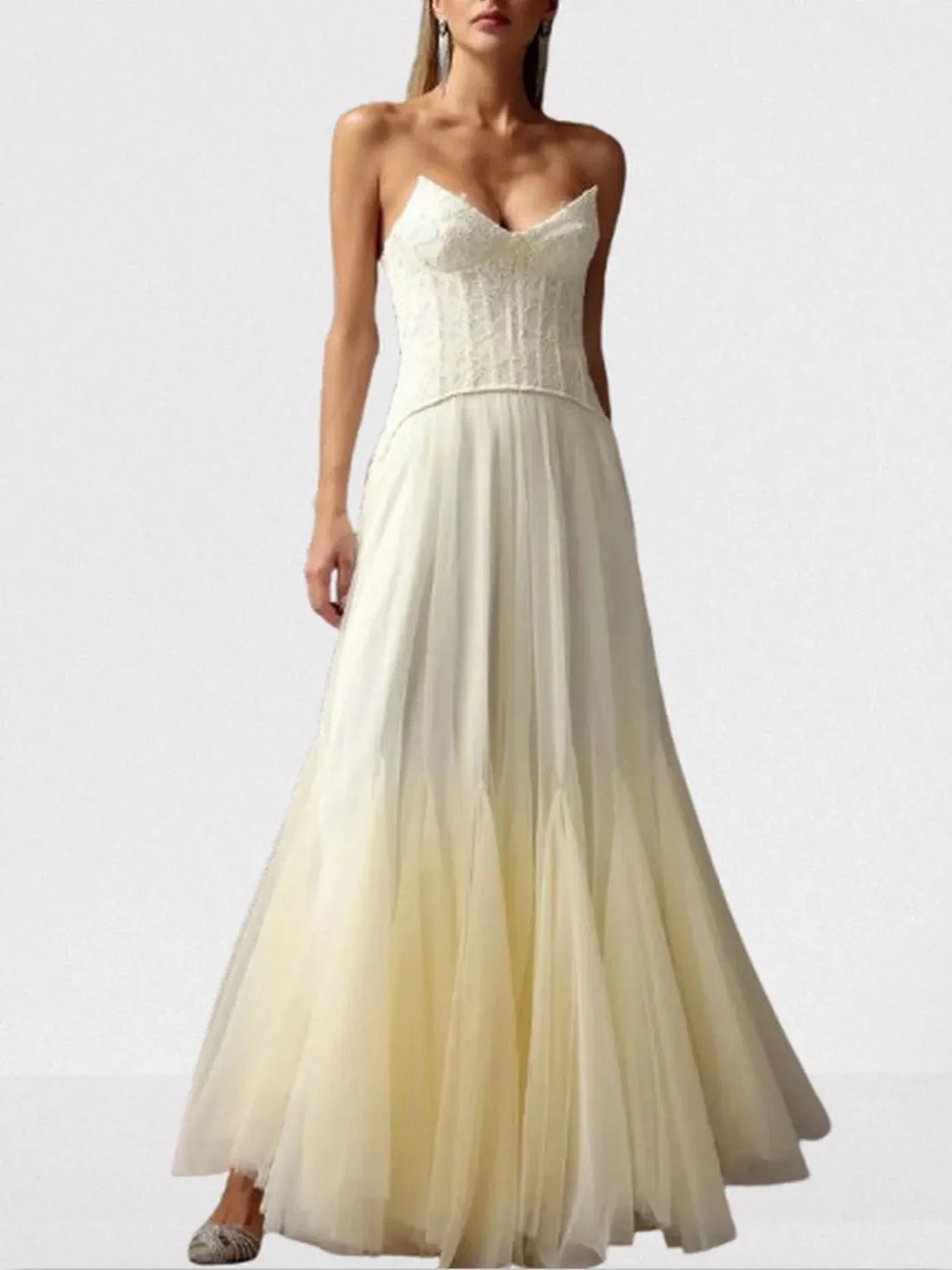 Strapless Lace Corset and Mesh Gown in Yellow