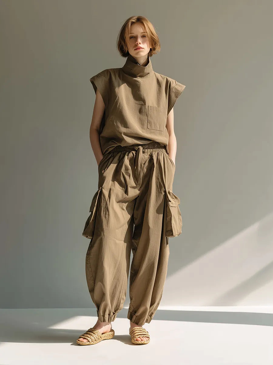 Women's Minimalist Utility-Style Cotton-Linen Set: Loose-Fit Stand-Collar Top & Cargo Pants MDZ2791D4ZJW