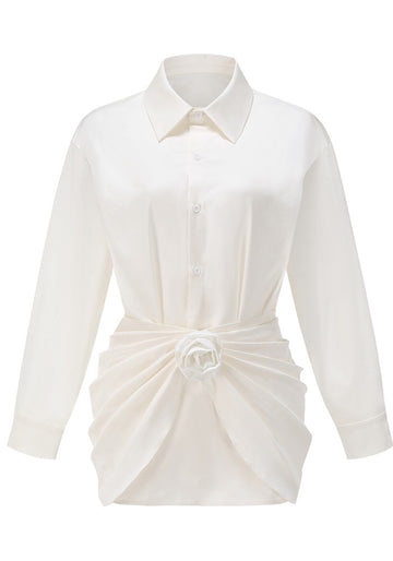 Long Sleeve Draped Floral Shirt Dress White