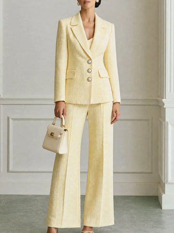 Tweed Three-Button Blazer And Wide-Leg Pants Suit Set