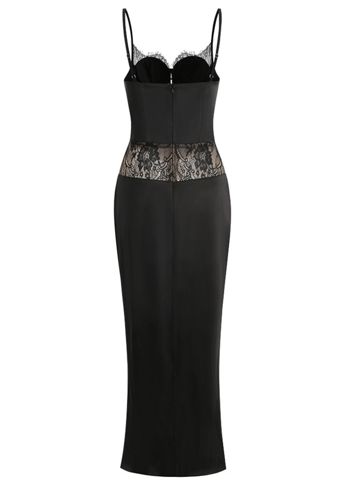 Lace Insert Bustier Maxi Dress Black