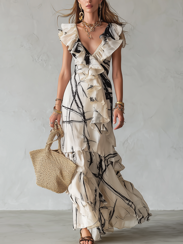 Layered Ruffle V-neck Long Dress