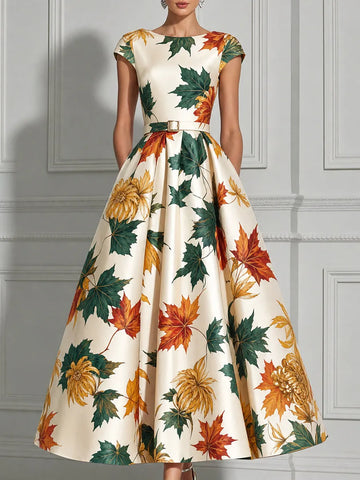 Autumn Maple Leaf Print Belt A-Line Midi Dress