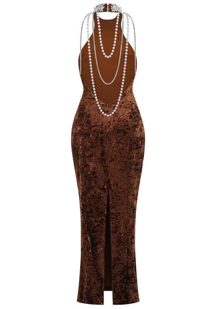 Halter Pearl Embellished Maxi Velvet Dress Brown