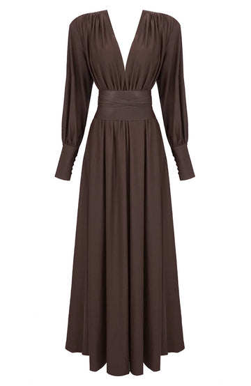 Long Sleeve Plunge V Neck Maxi Dress Brown