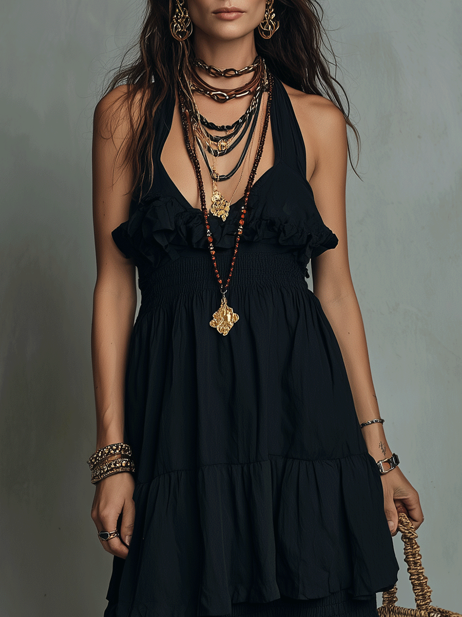 Chic Bohemian Ruffle-Layer Halter Maxi Dress