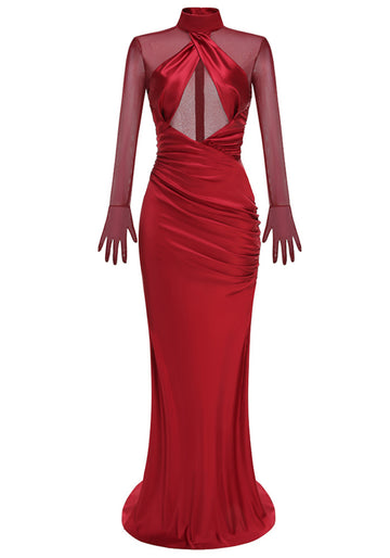Mesh Glove Sleeves Draped Maxi Dress Red
