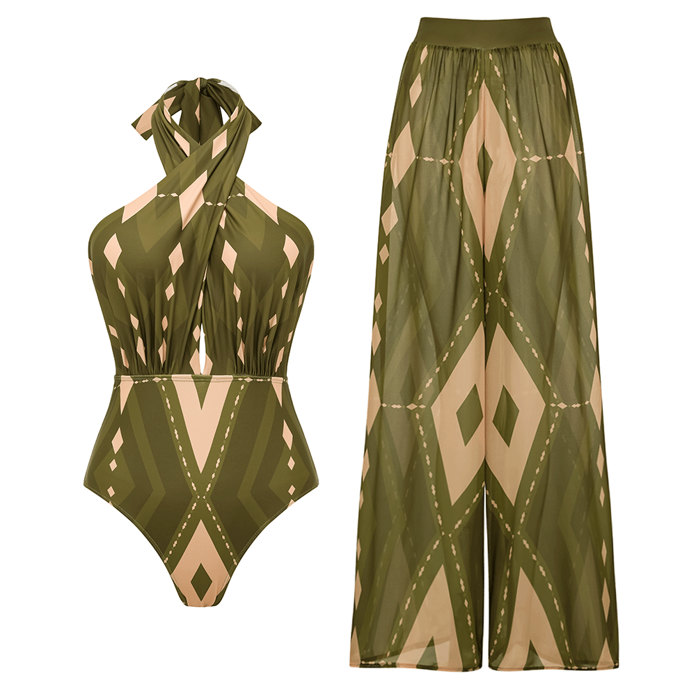 Halter Neck Geometric Pattern Print One Piece Swimsuit and Pants