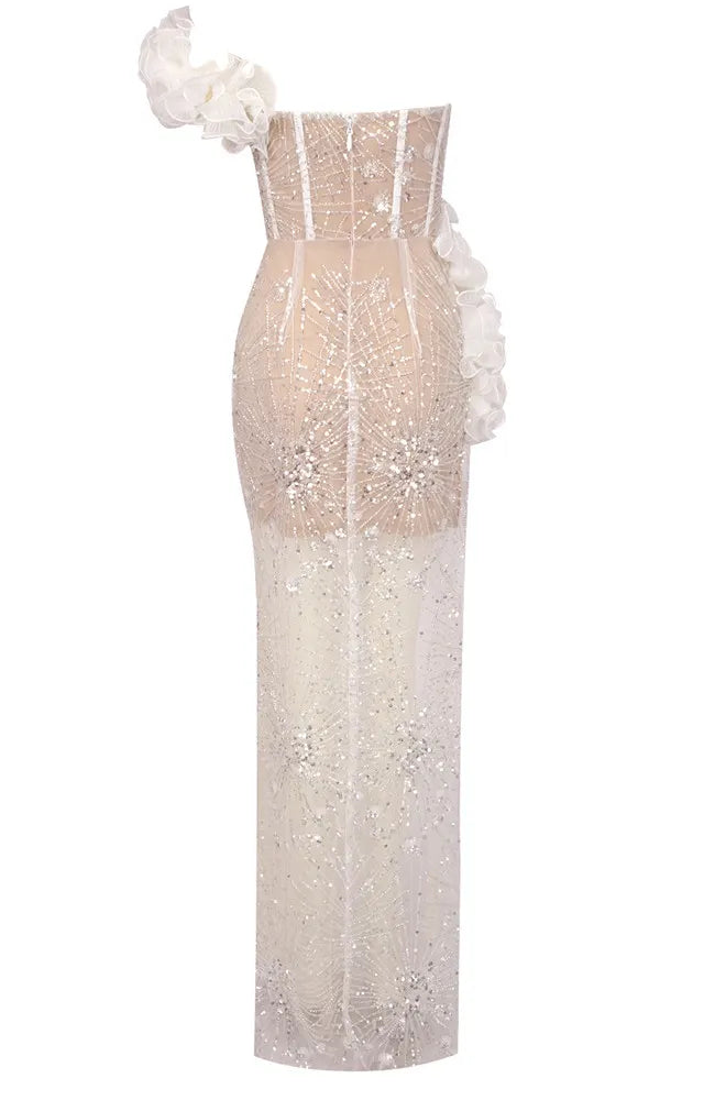 Ruffle Bardot Embellished Maxi Dress White