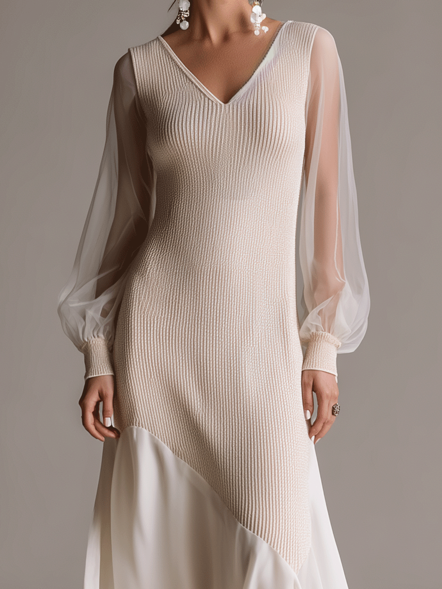 Elegant Minimalist Long-Sleeve V-Neck Midi Dress