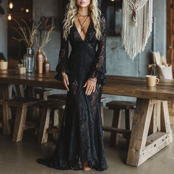 Elegant V-neck High Waist Lace Flared Long Sleeve Dress