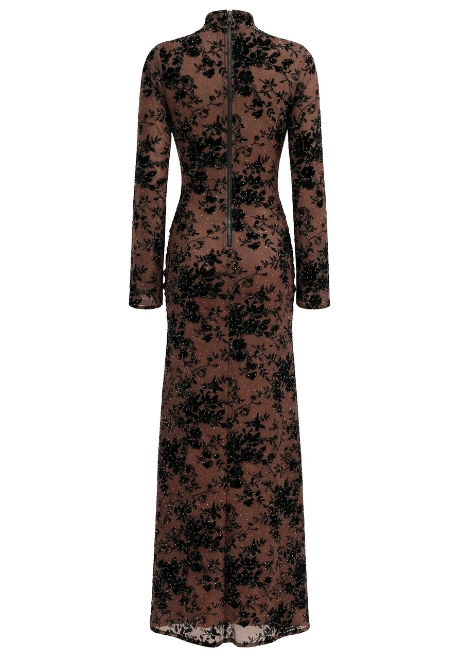 Long Sleeve Embellished Lace Maxi Dress Brown