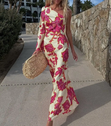 Oblique Shoulder  Printed Dress