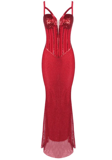 Sequin Corset Sparkly Maxi Dress Red
