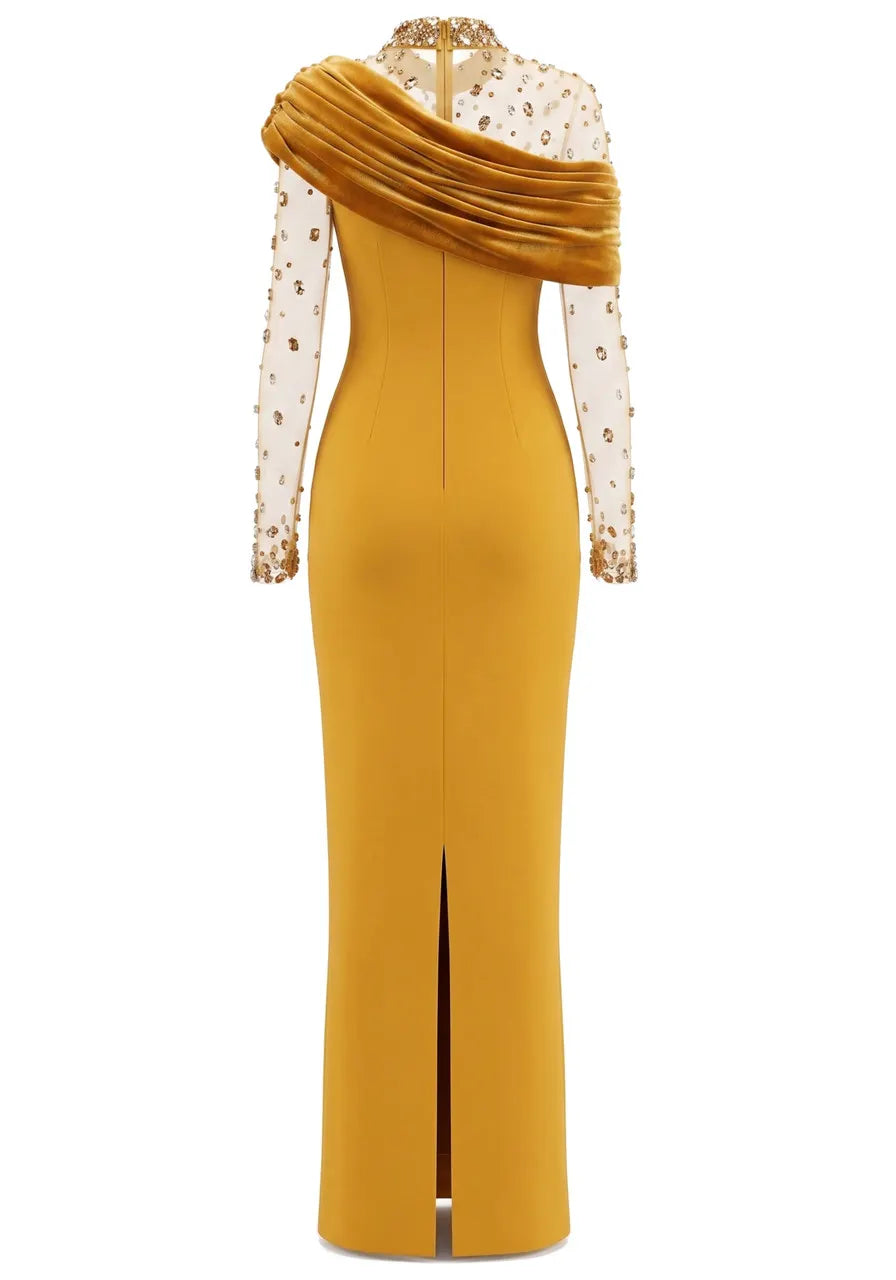 Crystal Long Sleeve Draped Maxi Dress Amber
