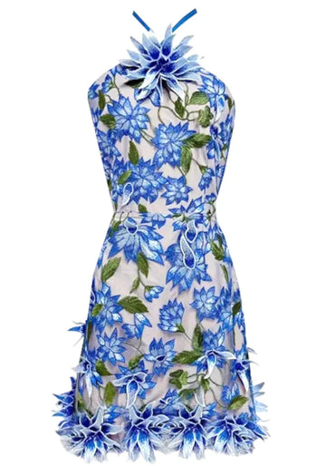 Halter Floral Embroidered Dress Blue