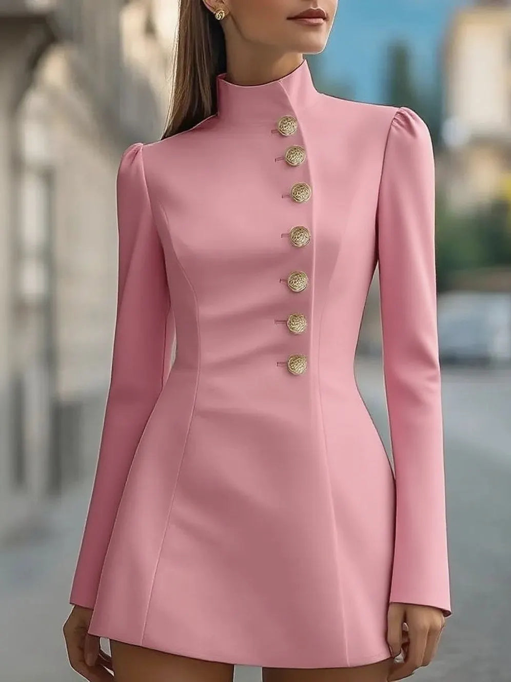 Solid color slim fit stand collar single-breasted dress