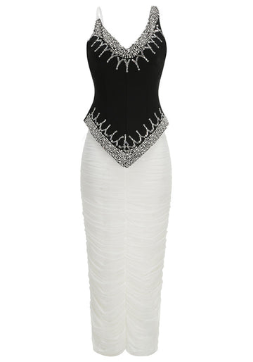Embellished Draped Corset Two Piece Midi Dress Black White