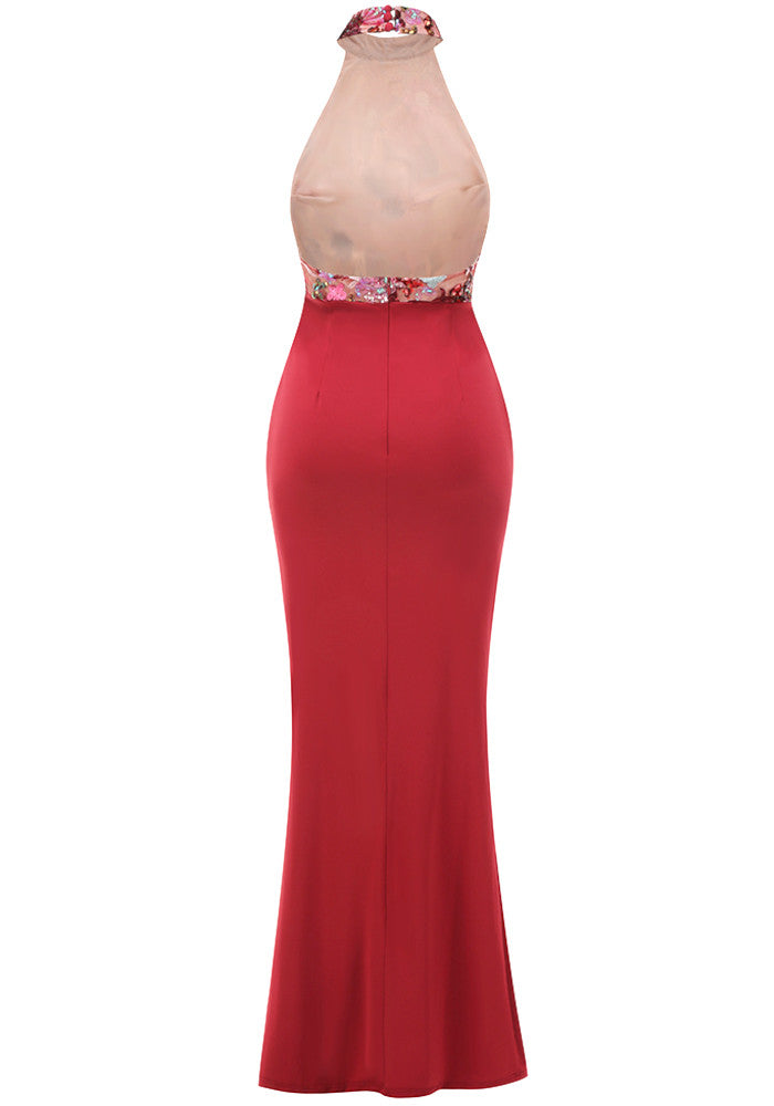 Halter Floral Sequin Embroidered Maxi Dress Red