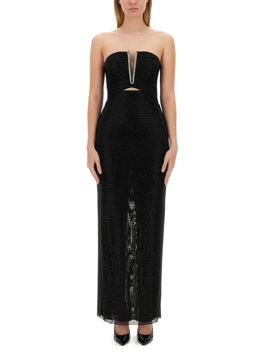 Black Crystal-Embellished Cut-Out Strapless Maxi Dress