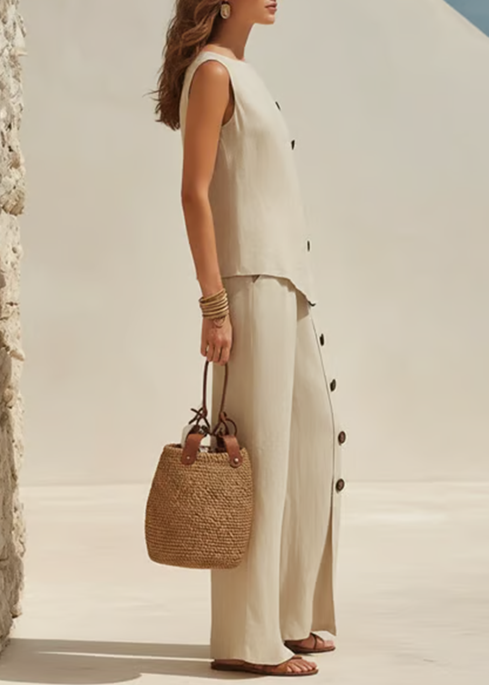 Beige Loose Button Detail Top Wide Leg Pant Set