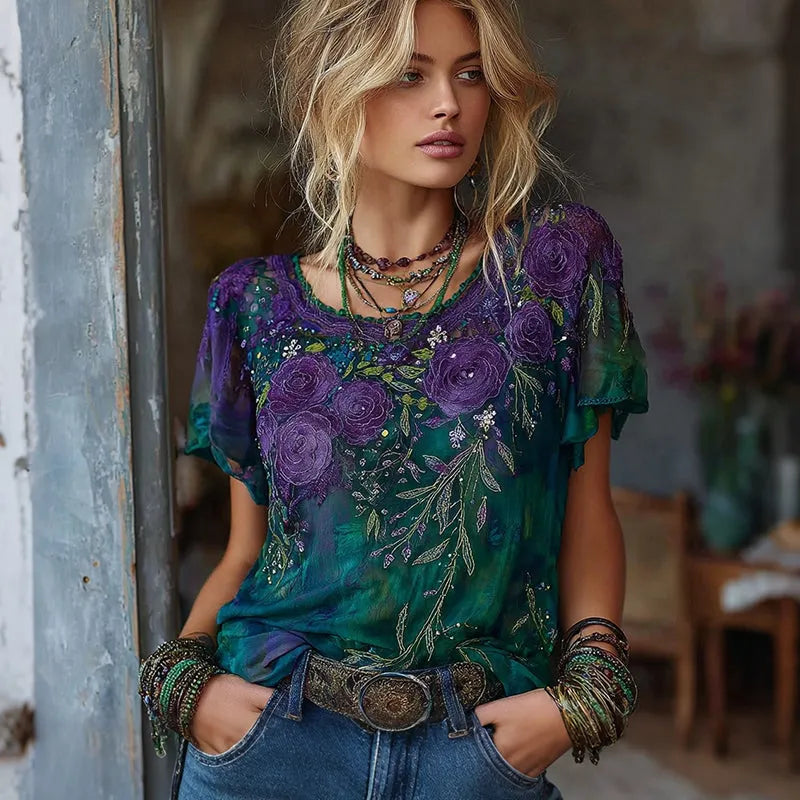 Women's Retro Floral Art Embroidery Casual Cotton Linen T-shirt