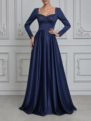 Navy Dress Fall Wedding Guest Dress Satin Embellished Ball Gown Maxi Dress