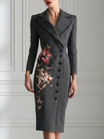 Floral Embroidered Pinstripe Tailored Blazer Dress