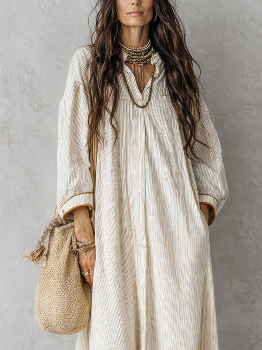 Striped Ivory Long Dress With Button Closure