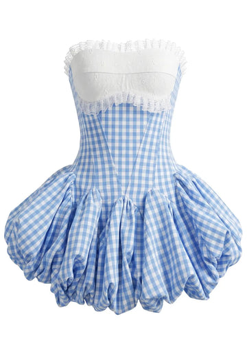 Strapless Lace Gingham Bubble Dress Blue