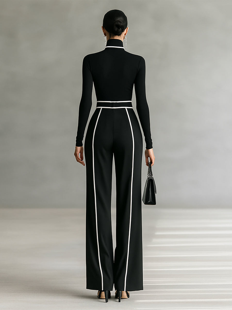 Women's White Trimmed Turtleneck Long Sleeve Top Wide Leg Pants Belt Two-Piece Set MDA1546G0Y