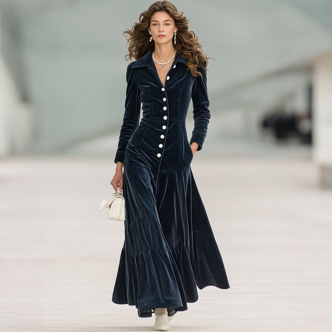 Lapel Multi-button Double-pocket Velvet Maxi Dress