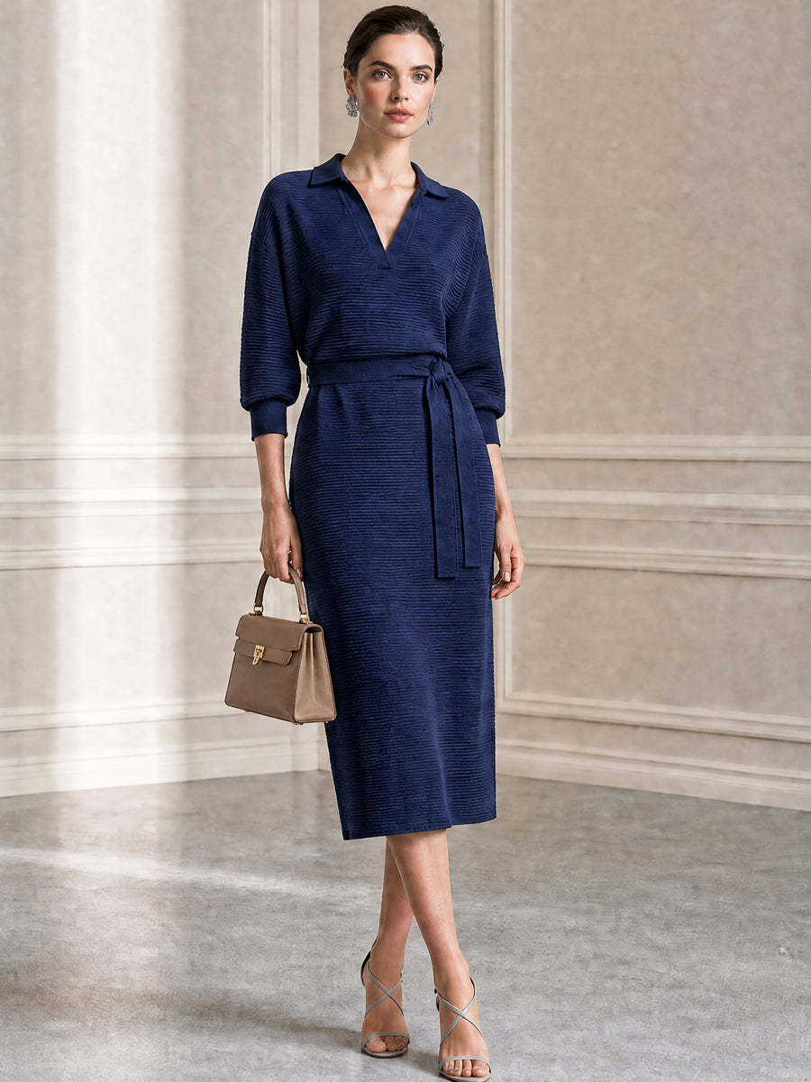 Ribbed Knit Self Tie Waist Belt Puff Sleeve Polo Collar Dress