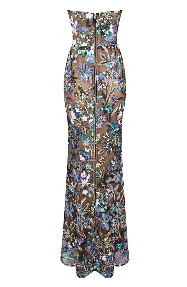 Strapless Sequin Floral Maxi Dress Green