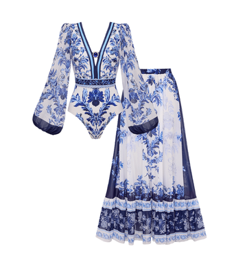 Long Sleeve Flower Color Block Print One Piece Swimsuit and Skirt/Pants