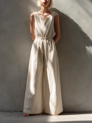 Women's Minimalist Loose-Fit White Cotton-Linen Sleeveless Crew-Neck Wide-Leg Jumpsuit MDZ2702D6ZJW