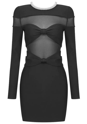 Long Sleeve Crystal Neckline Mesh Dress Black