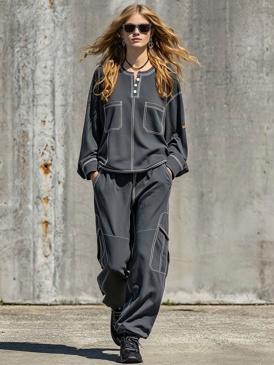 Sporty Retro Dark Gray Cotton Sweatshirt And Cargo Pants Set