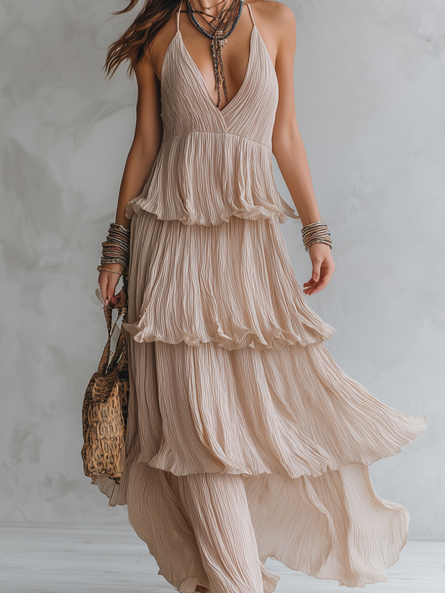 Bohemian Style Strappy Pleated Maxi Dress