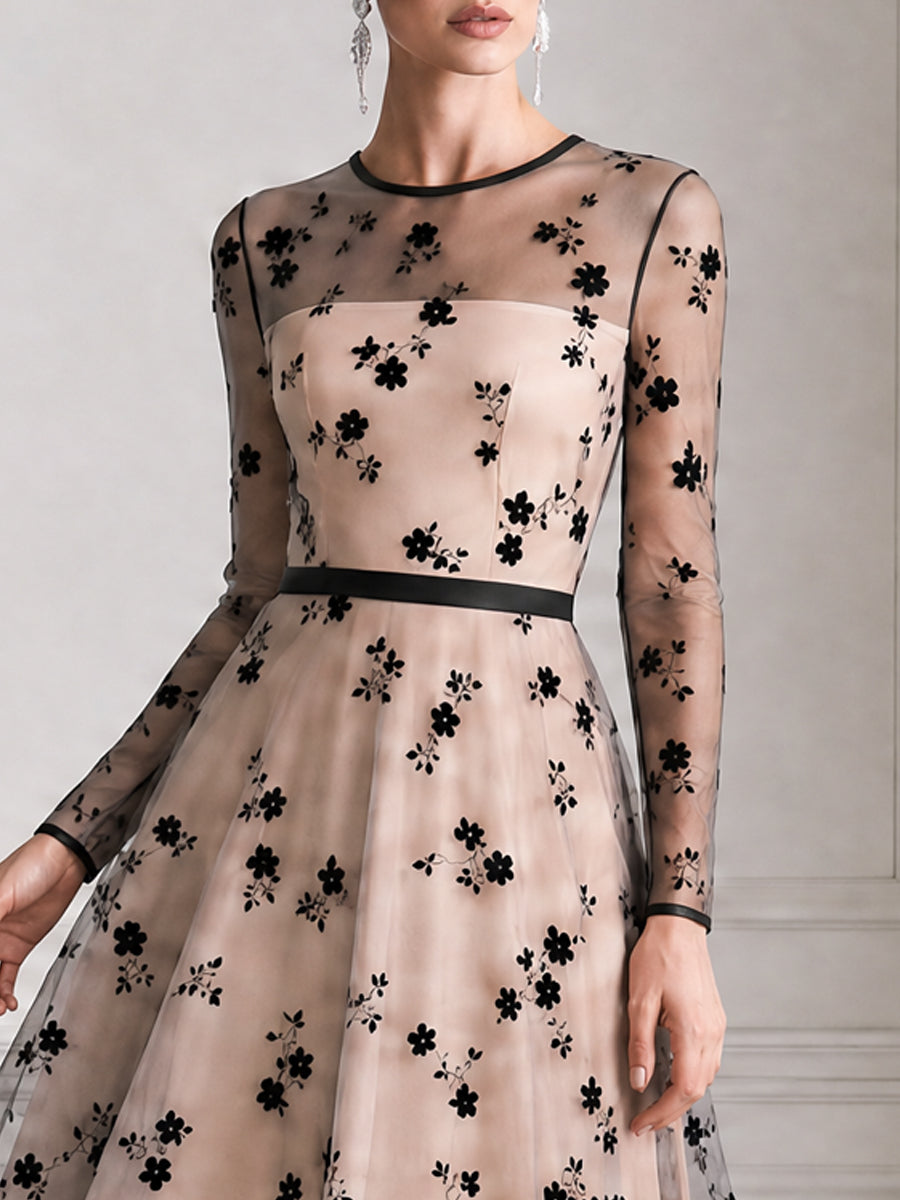 Elegant Black Floral Flocked Tulle A Line Cocktail Midi Dress