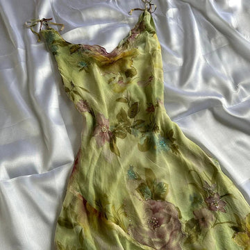 Green Floral Elegant Beaded Long Chiffon Ball Gown Evening Dress Party Dress