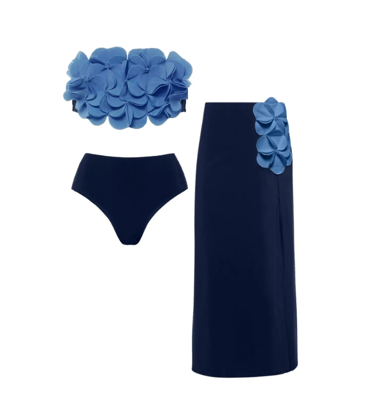 Bandeau 3D Flower Bikini Swimsuit and Skirt