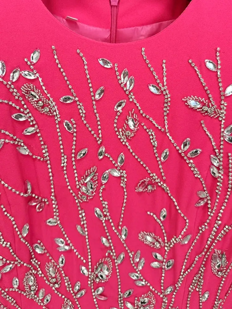 Long Sleeve Crystal Floral Maxi Dress Hot Pink